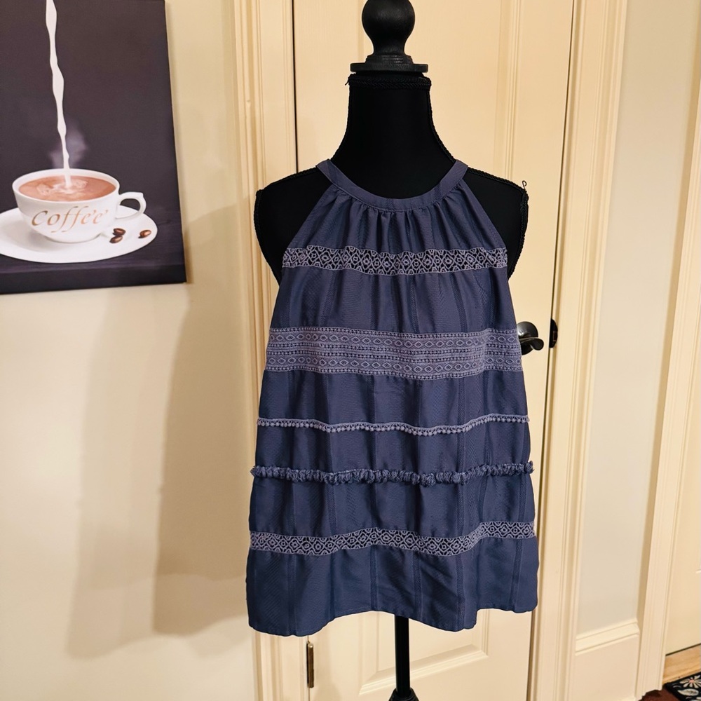 LOFT Navy Halter Tank with Lace Trim